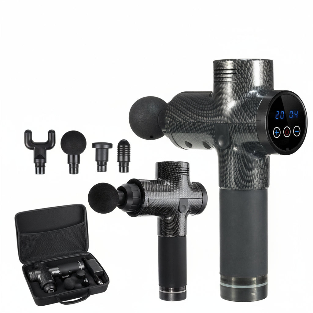 Massage gun with digital display, attachments, and carrying case on a white background