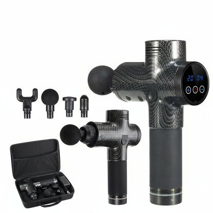 Massage gun with digital display, attachments, and carrying case on a white background