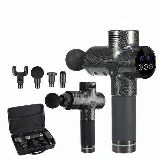 Massage gun with digital display, attachments, and carrying case on a white background