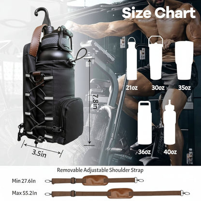Black water bottle holder with adjustable strap, size chart, and gym background